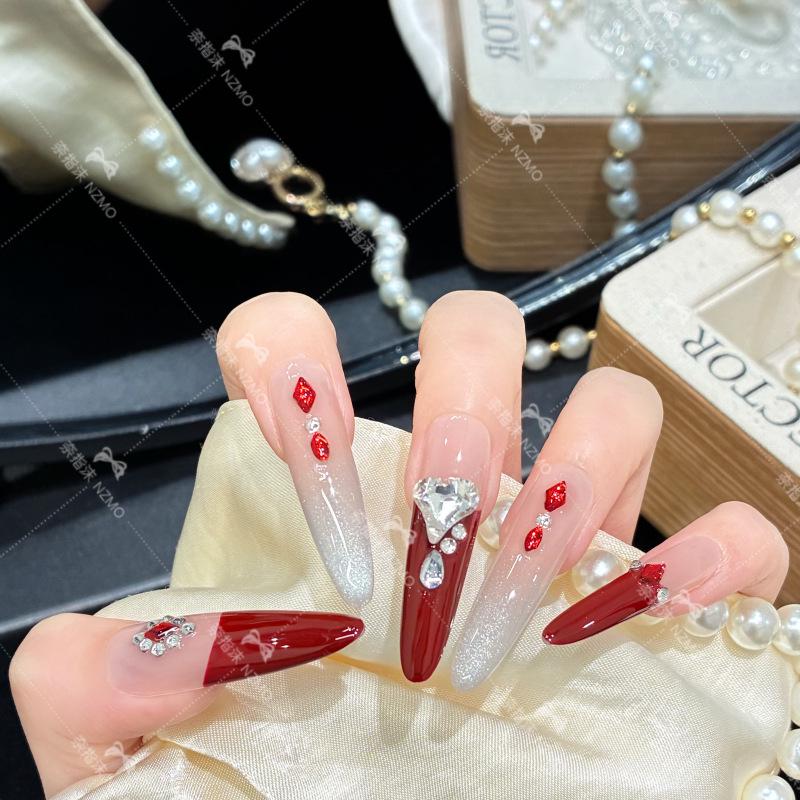 

Burgundy Rhinestone French Long Wearable Nails Small (4.0 Thin)