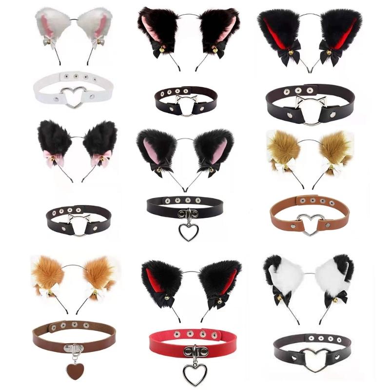 Animal Fox Cats Dog Ears Shape Headband and Choker Halloween Cosplay Costume Party Accessories for Adult and Children
