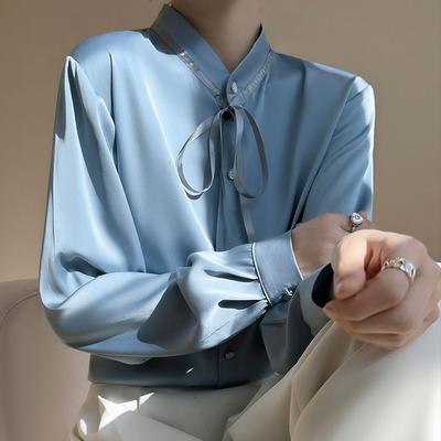 Spring and Autumn Women's Flutter Belt Shirt Cardigan Round Neck Bow Tops Suit Inner Standing Collar Blouse