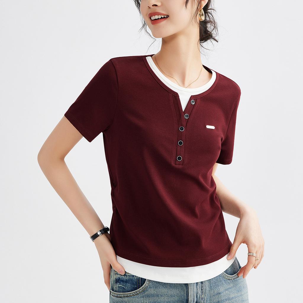 Women's Summer New Color Contrast Fake Two Pleated Short Sleeve Design Sense Inside The Top