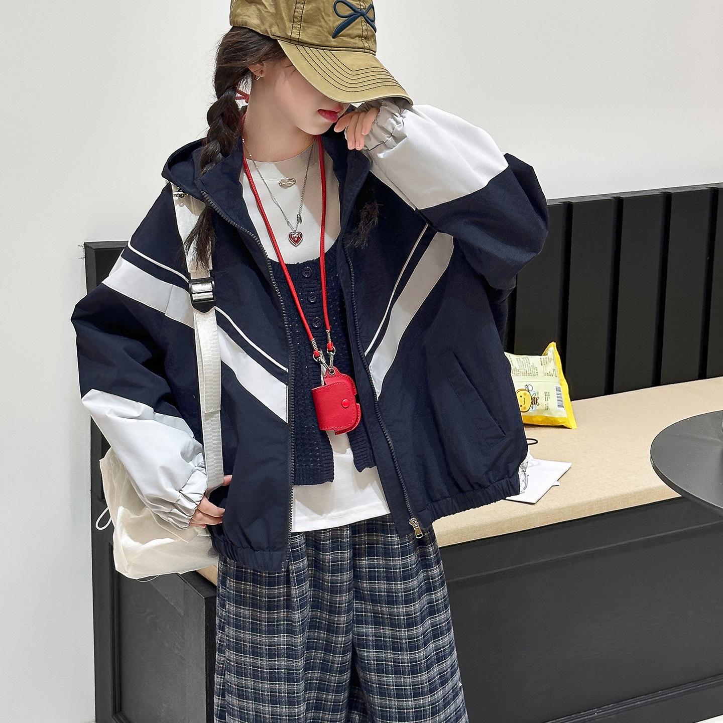 

Модная корейская куртка с капюшоном для девочек - Стильный и универсальный топ для детей на осень 2025 170cm тёмно-синий