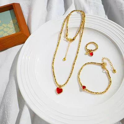 Cloisonné Heart Necklace & Bracelet Set: Heart-Shaped Disco Necklace with Red Heart Lucky Bead Pendant Women's Jewelry