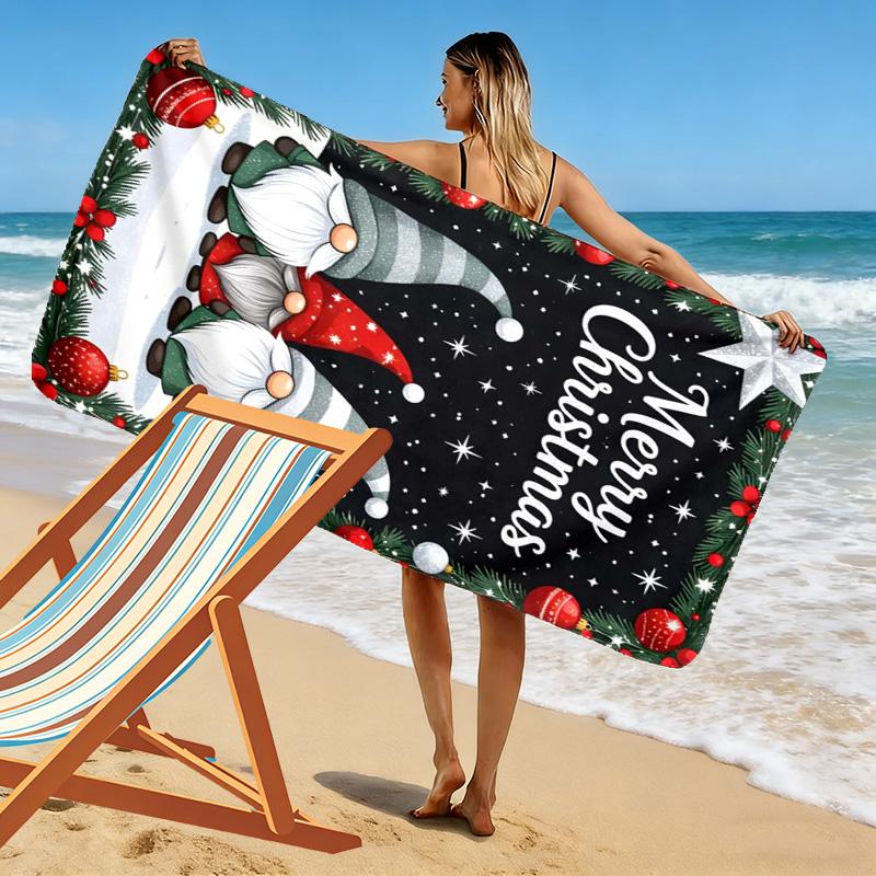 Christmas Gnomes Print Beach Towel, Large Soft Quick Dry Towel for Beach Camping Swimming
