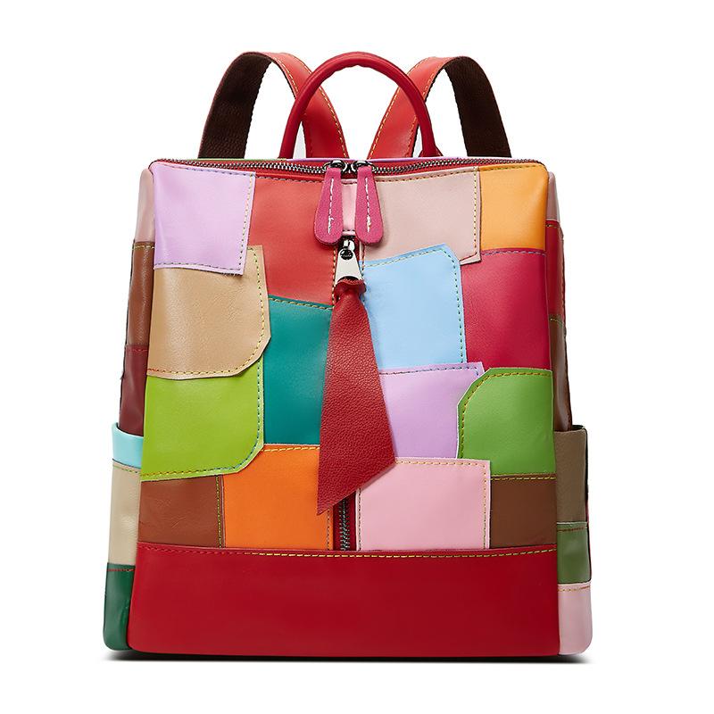 The New Korean Style Soft Leather Color Bag with Patchwork Features A Fashionable and Multi Functional Large Capacity Schoolbag and A Casual Backpack