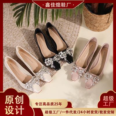 7318-6 Patent Leather Square Head Single Shoes Low Heel Round Heel Rhinestone Bow Temperament Fairy Sheepskin Flats