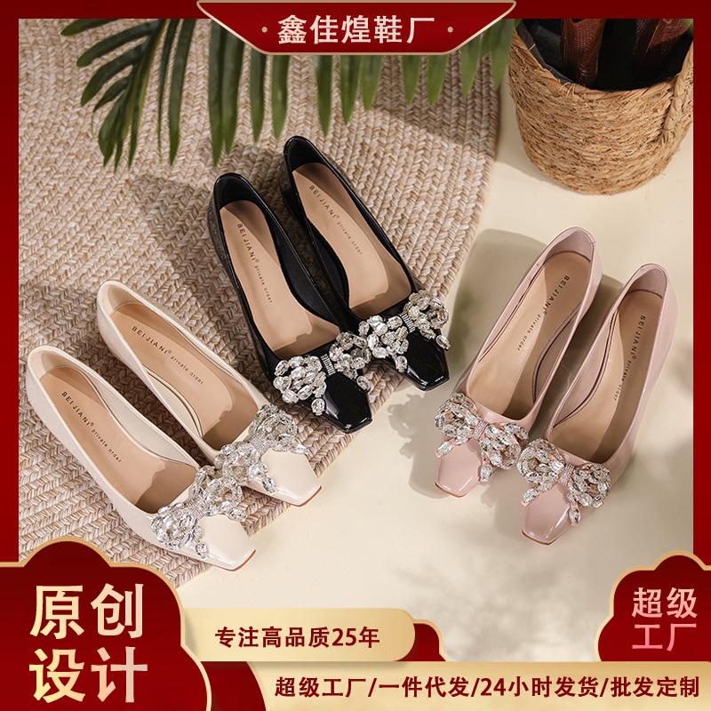 7318-6 patent leather square head single shoes low heel round heel rhinestone bow temperament fairy sheepskin flats