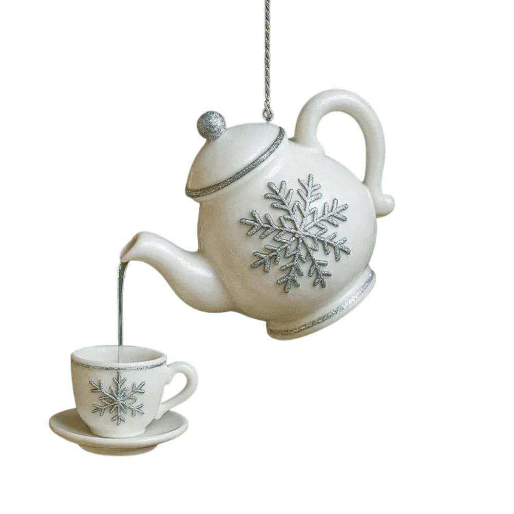 Christmas ornament vintage teapot with tea cups hanging decoration for tree mantel window and festive holiday table decor