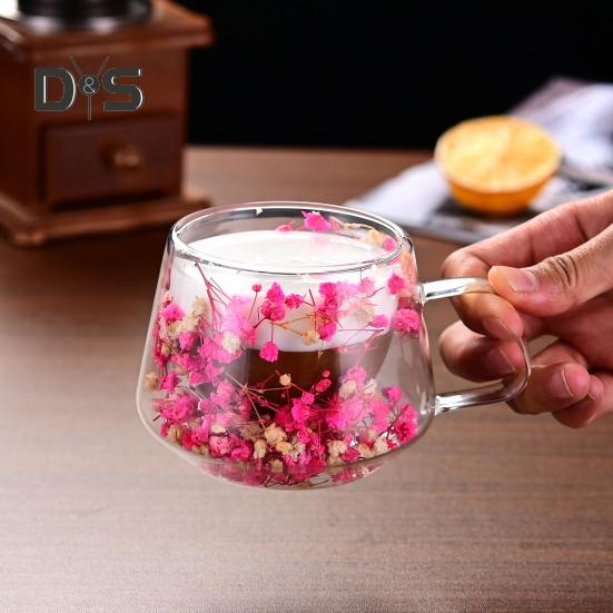 200ML Clear Glass Mug Double Wall Insulated Cup with Handle Aesthetic Dehydrated Flower Design Heat Preserving Tumbler for Coffee Tea
