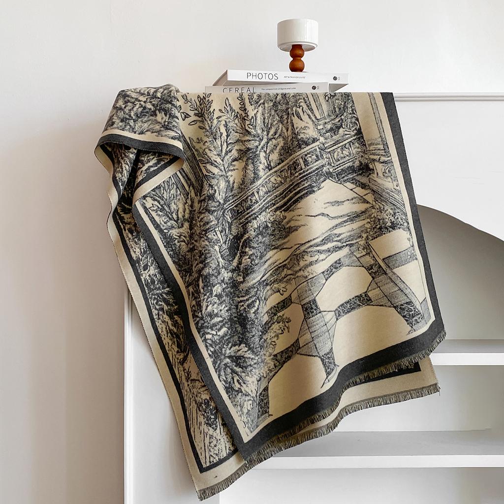 Brand Elegance Two-Sided Print Scarf Soft Warm Fringe Pashmina Shawl Autumn and Winter Outdoor Coldproof Windproof Blanket