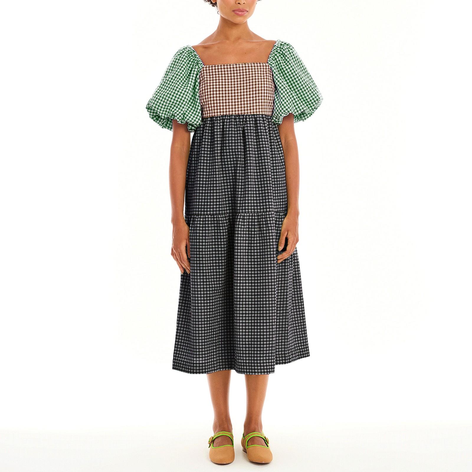 

Женское модное кружевное платье с короткими рукавами и квадратным вырезом, разноцветное клетчатое платье с открытой спиной L чёрный