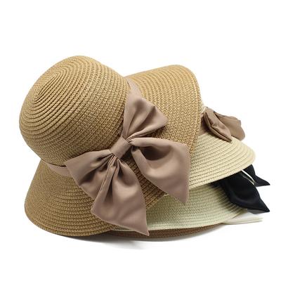 Summer Big Eaves Hat Summer Hat Women'S Beach Visor Simple Bow Monochrome Straw Hat