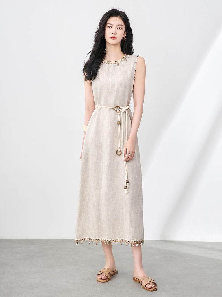 Ärmelloses Kleid im Bohemian-Stil aus Leinen-Tencel mit Muschel-Anhänger & Quaste für Damen