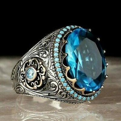 Ethnic Style Big Sky Blue Oval Cubic Zircon Women Rings Anniversary Gift Exquisite Pattern Female Brilliant Rings Jewelry