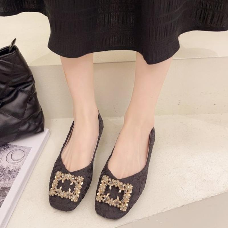 Fashion Square Toe Shallow Mouth Low Heel Single Shoes Autumn New Rhinestone Square Toe Soft Sole Non-slip Block Heel Shoes