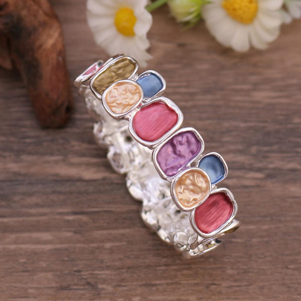 Color Painting Oil Geometric Square Alloy Bracelet, Women's Fashion High-end Elastic Rope Bracelet
