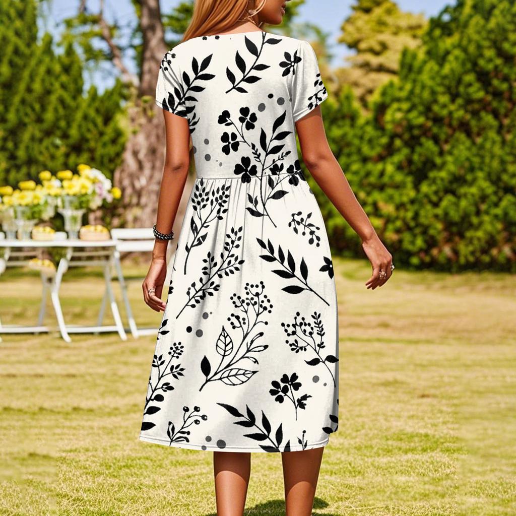 Women's Fashion Casual Loose Floral Print Round Neck Pocket Short Sleeve Dress