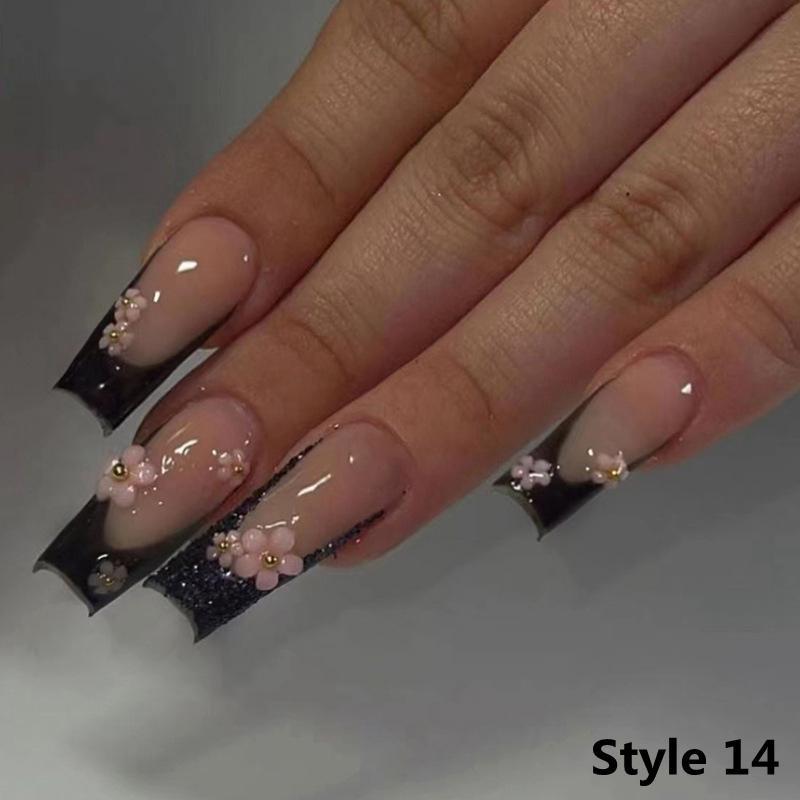 24Pcs/Box Long Coffin False Nails Wearable Fake Nails with Glitter Rhinestones Ballet Press On Nails Full Cover Nail Tips