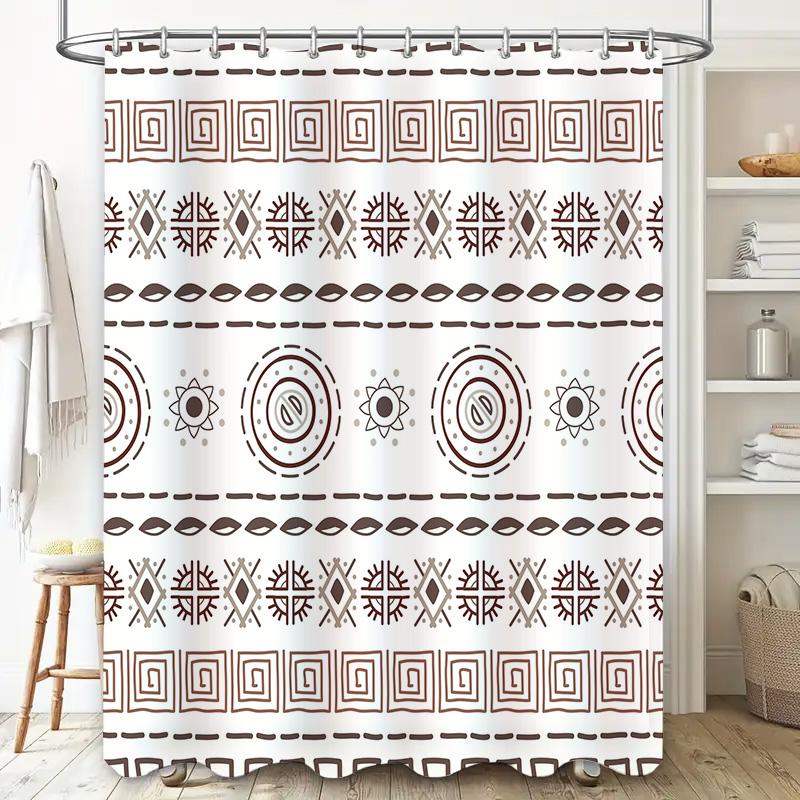 Modern Geometric Shower Curtain Rustic Boho Decor for Bathroom White Brown Printed Waterproof Fabric Customizable Size