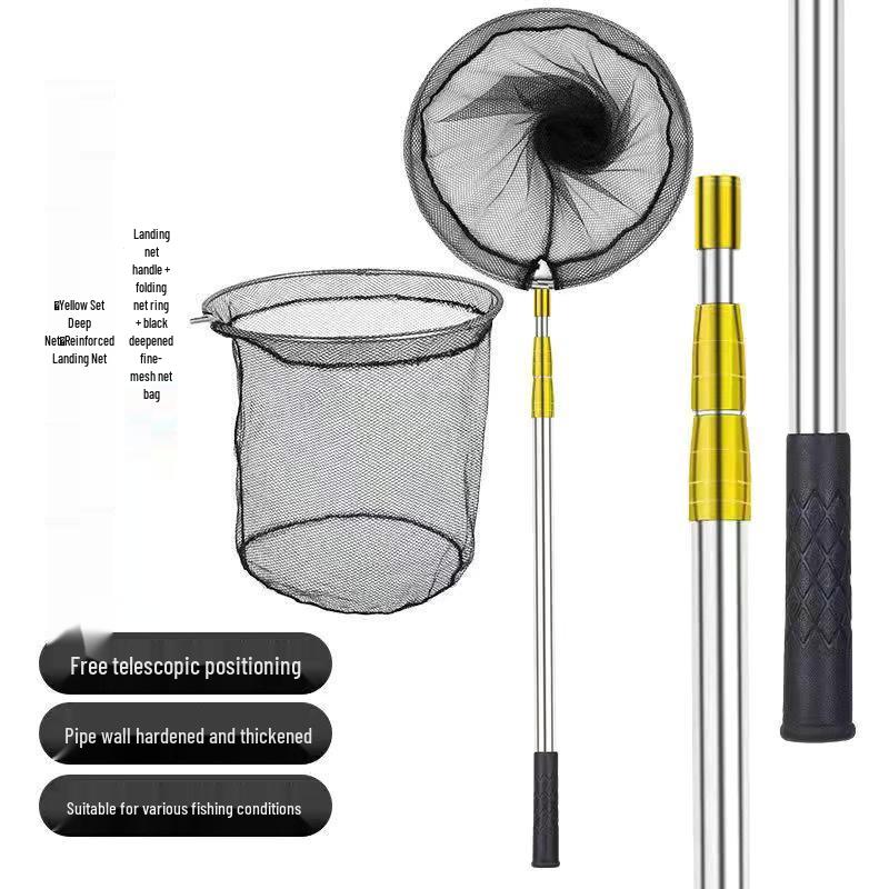 Thick Folding Fish Landing Net Set with Stainless Steel Telescopic Rod and Fine Mesh