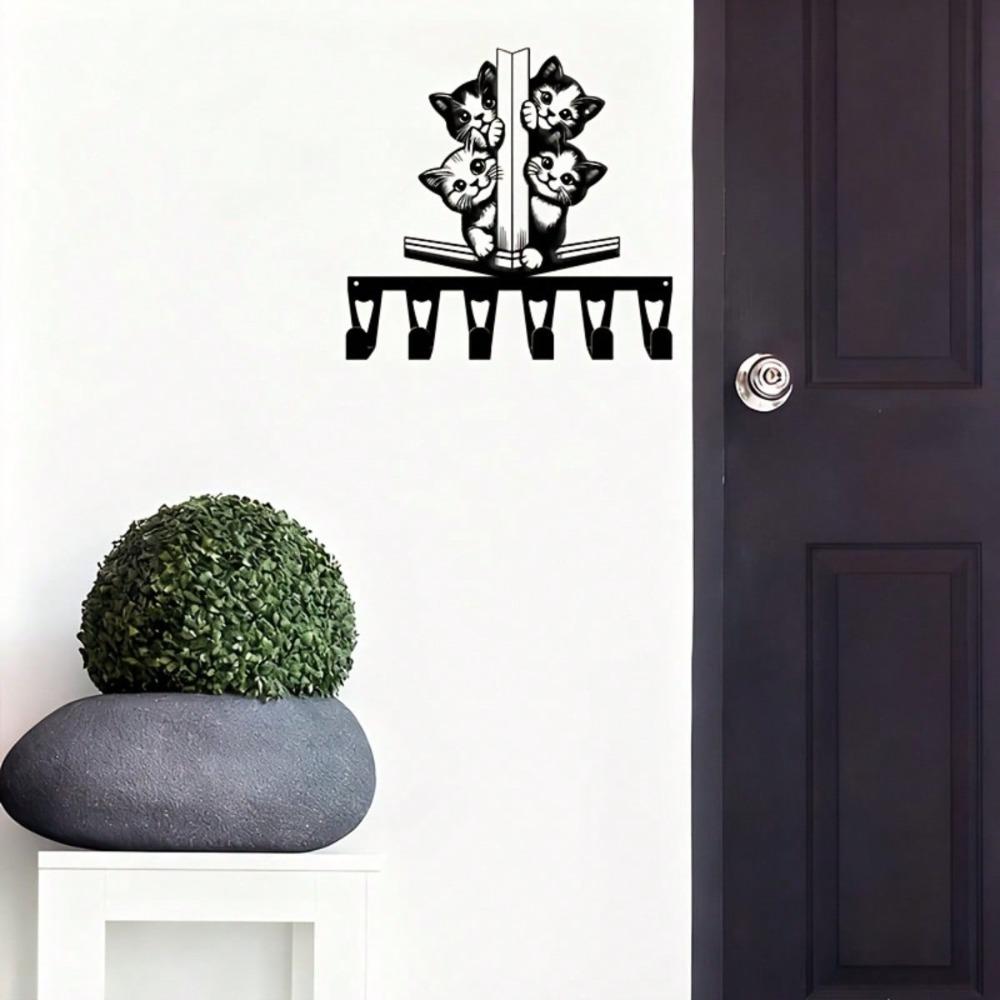 Cat Bookend Key Holder Wall Decor with 6 Hooks Animal Theme Handcrafted Iron Art for Hallway Bedroom Gift for Animal Lovers