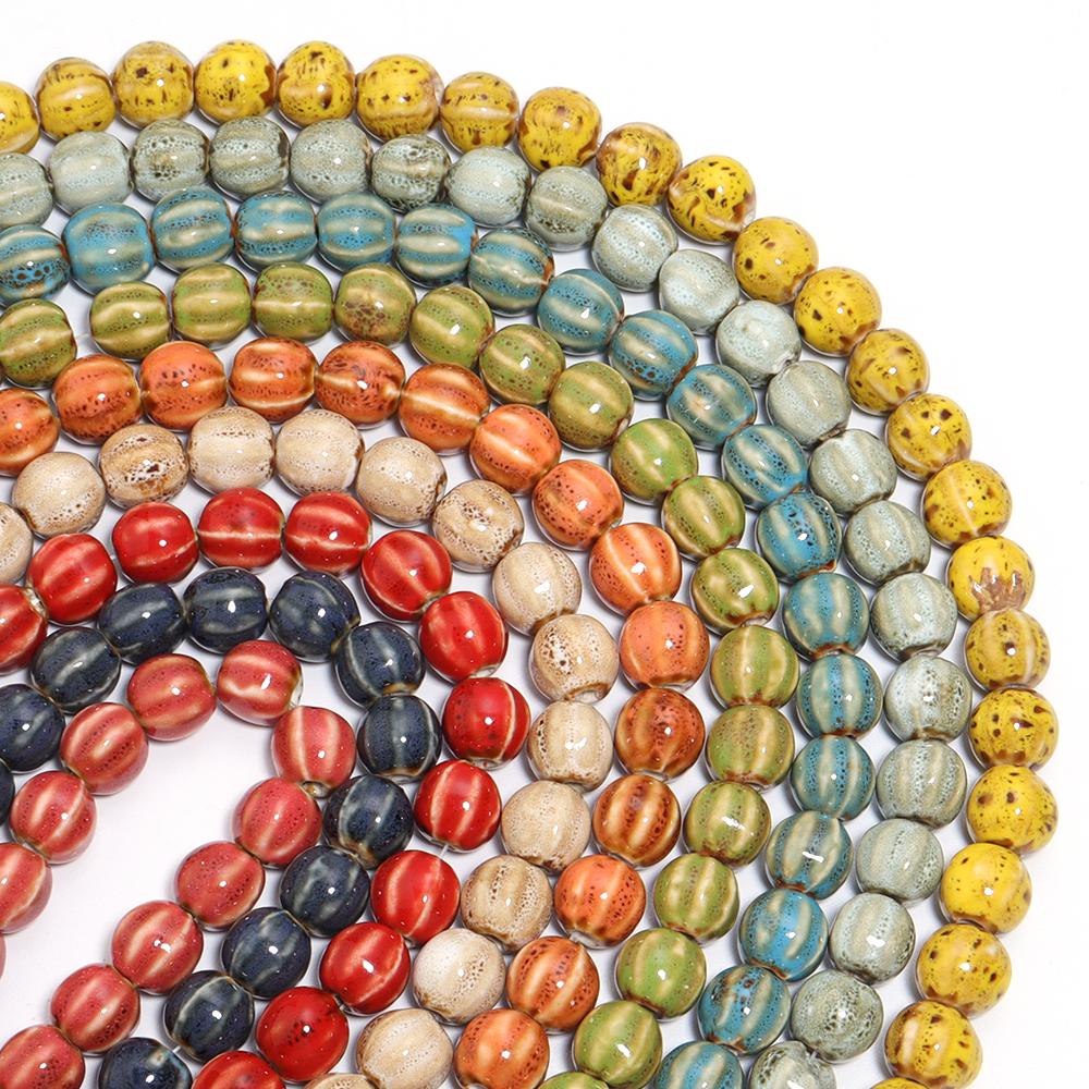 Apx 28pcs Colorful Round Spacer Beads Pumpkin Striped Ceramic Beads For DIY Bracelet Neckalce Jewelry Making Loose Bead Supplies