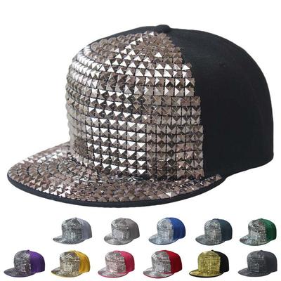 Unisex Flat Brim Baseball Cap With Square Studs Rivets Hip Hop B-Boy Street Dance Hat Men Women