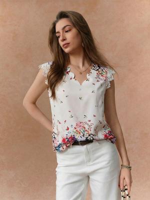 Damen Sommer Neuheiten Resort Stil Blumen V-Ausschnitt Bluse