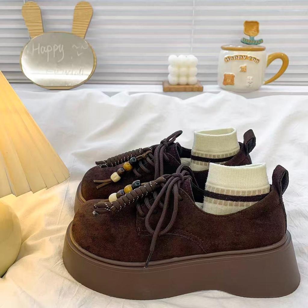 Retro beaded Birkenstocks women's shoes spring and autumn 2025 new loafers thick-soled heightened lace-up Birkenstocks