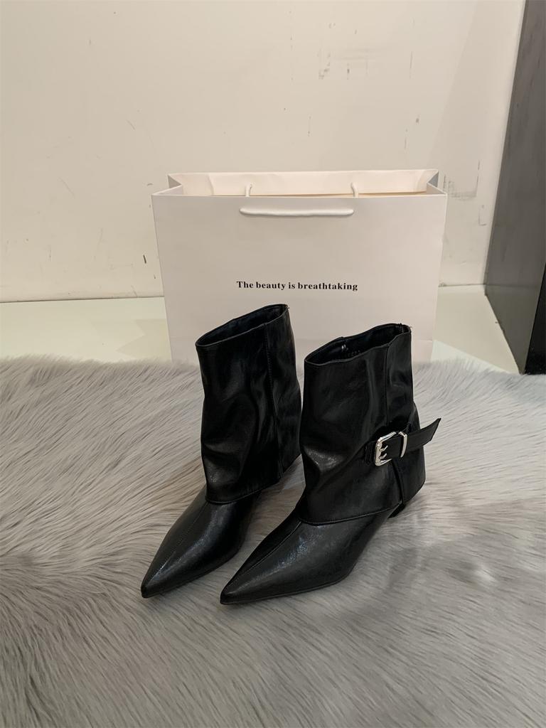 Pointed toe heel trouser boots women's autumn and winter new design sense versatile niche Spice Girl medium boots fried street short boots