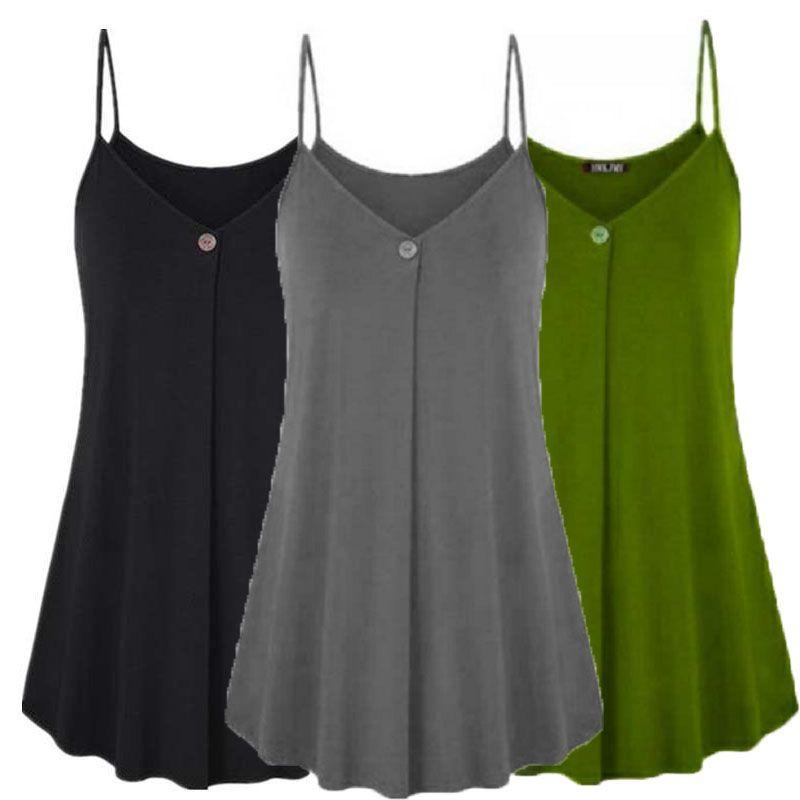 Elegant Women's Fashion Summer Plus V-neck Sleeveless Button Loose Hem T Shirt