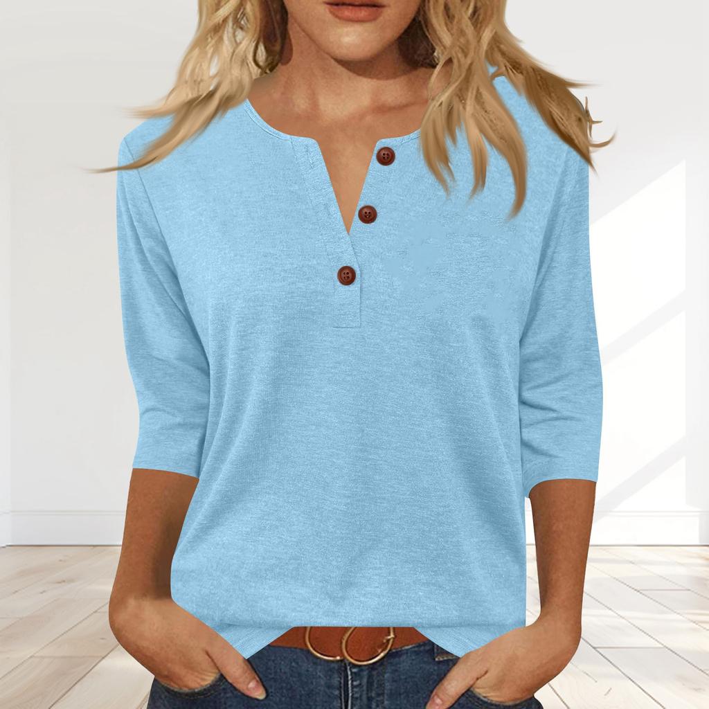 Women's Fashionable Casual Button-down Collar Three-quarter Sleeve T-shirt Top
