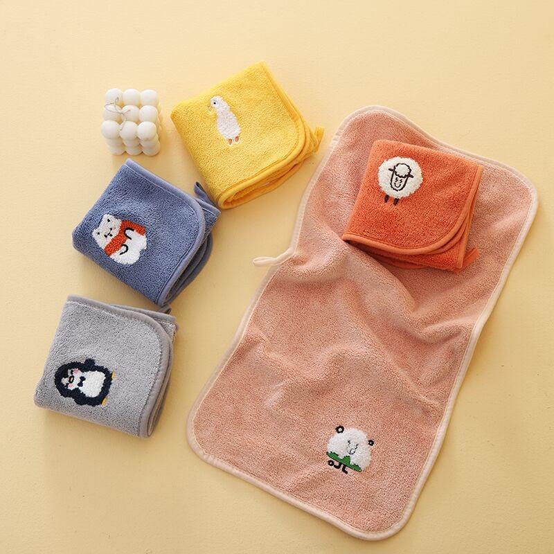 1Pc 25x50cm Coral Fleece Children Baby Super Soft Embroidered Small Square Face Hand Towel Hanging Absorbent
