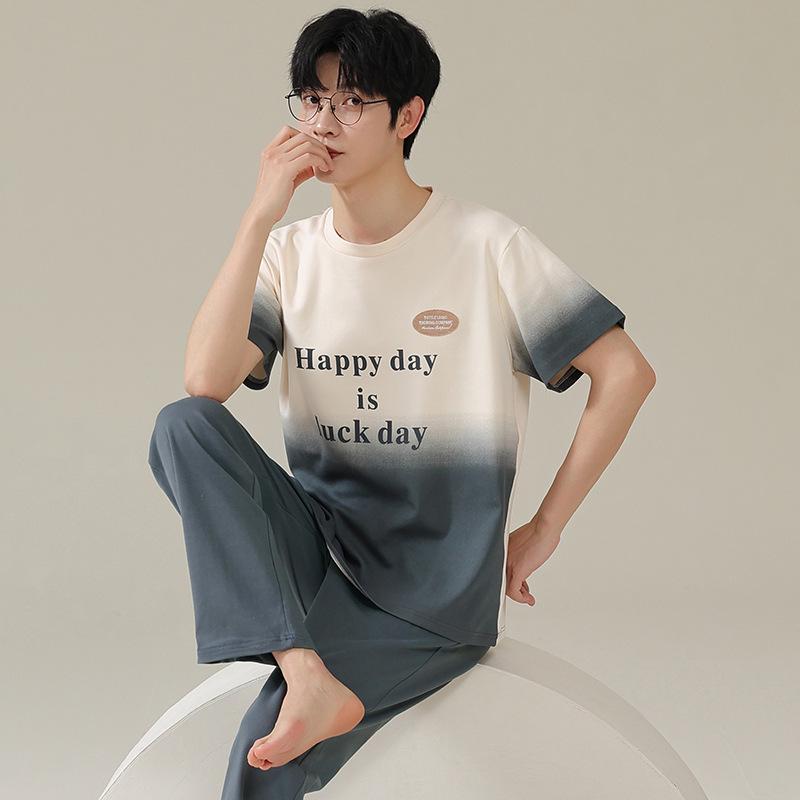 

Мужской летний хлопковый пижамный комплект: Короткий рукав и длинные брюки, свободный крой, большой размер 3XL (85-100 kg)