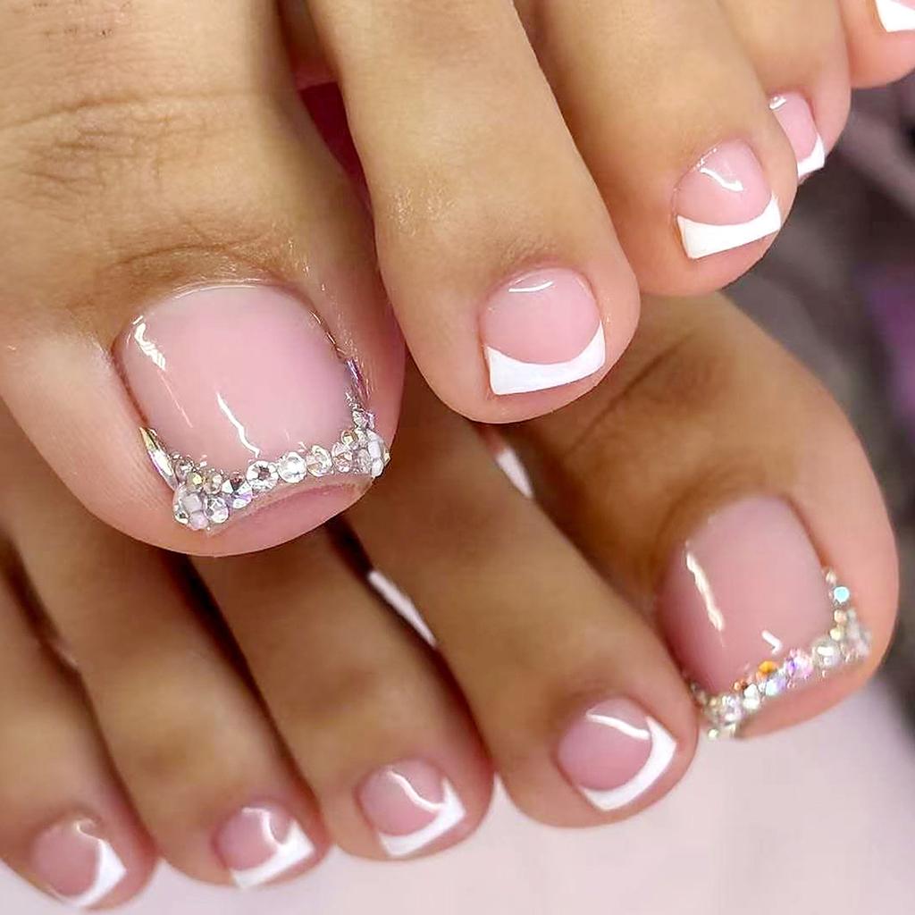24 Pezzi Unghie Finte Quadrate Corte Con Glitter Strass Decorazioni Unghie dei Piedi Press-on Pedicure Per un Look Alla Moda