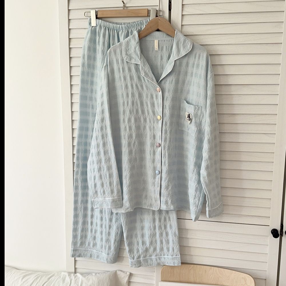 Love cat colored cotton grid pajamas women's spring and autumn long-sleeved trousers cardigan set loose break can wear loungewear