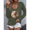 Spring and Autumn V-neck 3D Leopard Floral Printed T-shirts Fashionable Casual Long Sleeved Women's T-shirts