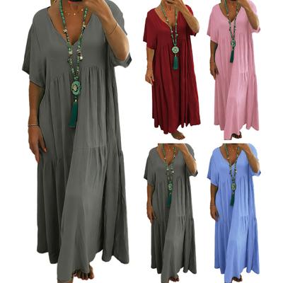 Summer Cotton Linen Dress for Women Oversized Loose Beach Sundress Short Sleeve V Neck Casual Flowy Long Dress