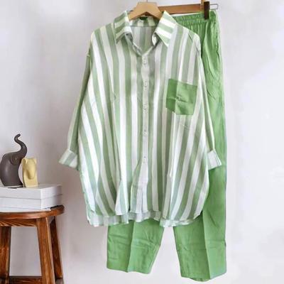 2Pcs/Set Shirt Pants Set Long Sleeve Casual Trendy Elastic Waist Breathable Daily Garment Polyester Stripes Blouse Pants Suit Spring Clothes