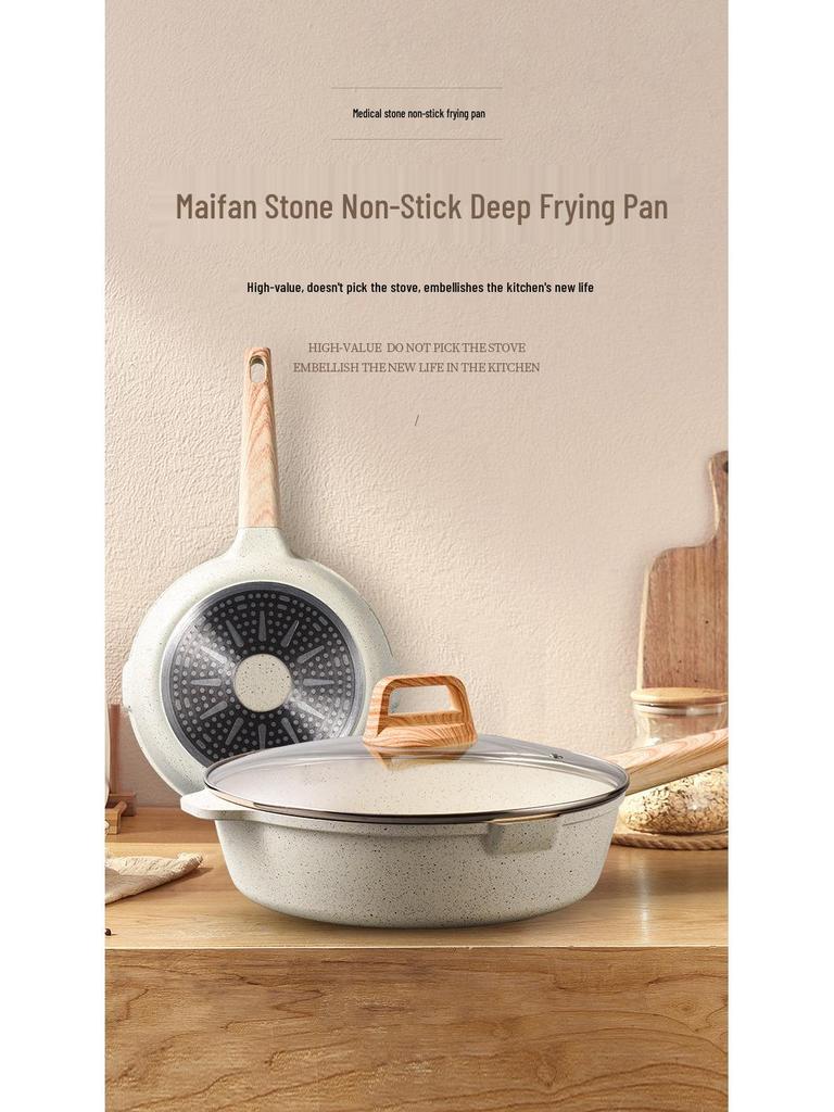 Thickened Maifan Stone Non-Stick Flat Bottom Wok for Induction & Gas Stoves - Ideal for Steak and Stir-Fry