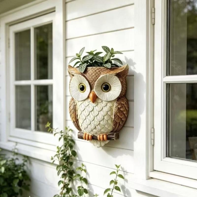 Resin Owl Hanging Wall Pot With Textured Finish and Back Hook Slot, Flower Holder for Small Plant, Balcony Wall, Entryway, and Indoor Display