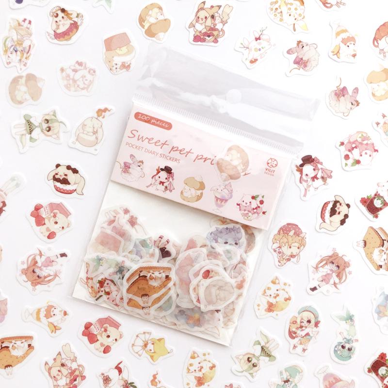 100pcs/pack Cute Kawaii Cat Green Plant Stickers Journal Decorative Stickers Scrapbooking Diary Stationery Album Girls Stickers