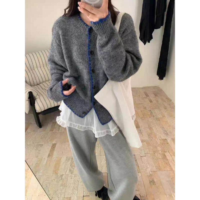 

Вязаный кардиган женская одежда осень и зима новый круглый вырез кружево ленивый ветер свободный повседневный свитер куртка женская One size серый