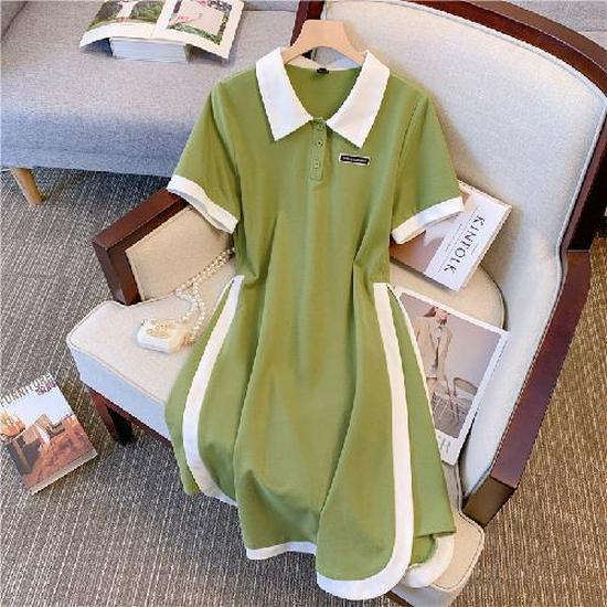 

Платье А-силуэта большого размера в стиле колор-блок, пэчворк, с воротником поло (Летний, средней длины, омолаживающий) 5XL зелёный