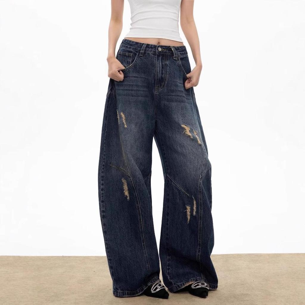 Vintage Women’s Wide-Leg Washed Scimitar Jeans - Retro, Loose Fit, Deconstructed Casual Pants