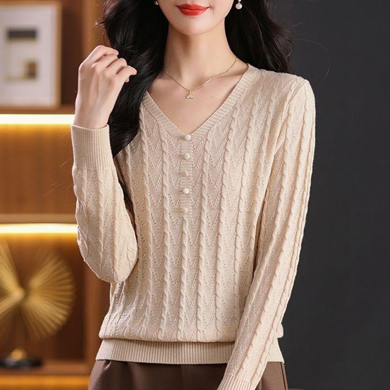 V-neck Sweater Women's Top Solid-color Knitted Sweater Loose and Casual Pullover Long-sleeved Warm Sweater