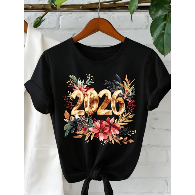 

New Womens Tee Black White Grey Floral Golden 2026 Print Round Neck Stretchy Fabric Soft Comfortable Fit All Season 4XL чорний