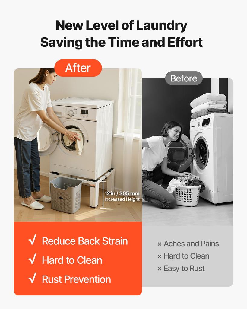 VEVOR Laundry Pedestal, 305 mm Height, Washer and Dryer Pedestals with 544 kg Weight Load Capacity, 475-785 mm Adjustable, Non-Slip Feet