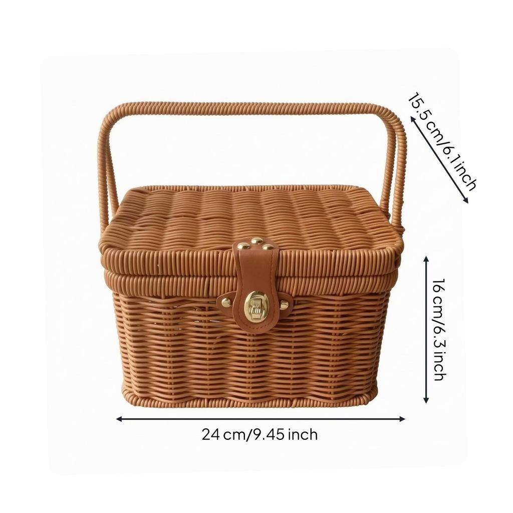Rectangular Lidded Wicker Basket Sturdy Woven Container with Handle Easy