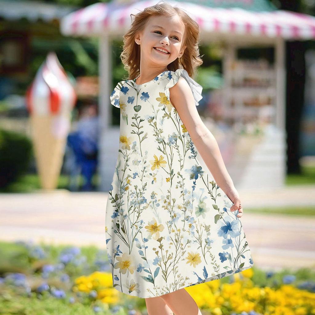 Children's Flying Sleeve Round Neck Summer A-Line Casual Holiday Floral Print Loose Dress