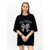 Oversized T Shirt Black Saltfish Text and Bow Print Graphic Tee Casual Streetwear Fashion Women's Top